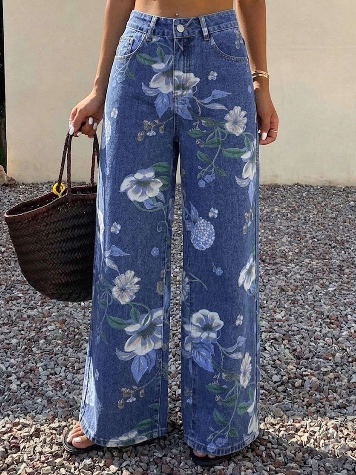TK193 High-Waisted Wide-Leg Jeans for Women Floral Print Retro Straight Leg Trousers in Denim_mkmklike.com