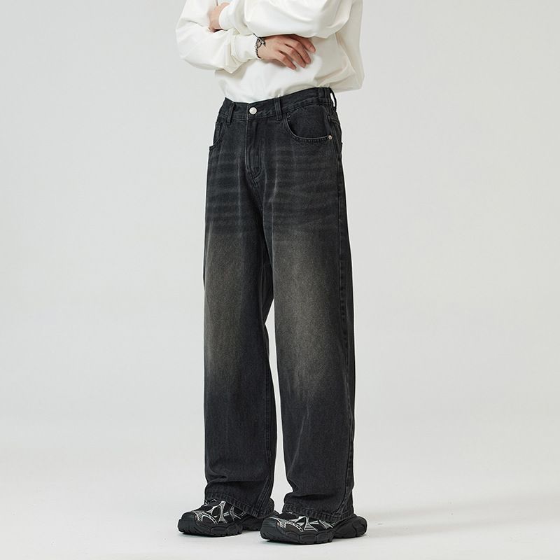 Men's Clothing Three Color Baggy Jeans Straight Loose Wide Leg Elastic Neutral Jeans For Men And Women_mkmklike.com