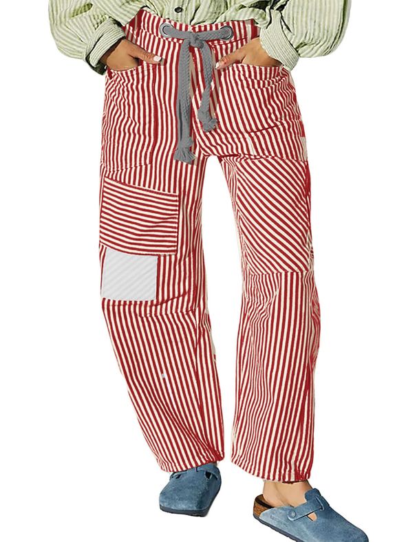 Women's Casual Wide Leg Pants With Striped Pattern, Drawstring Waist & Pockets - Comfortable Loose Fit For Work & Daily Wear_mkmklike.com