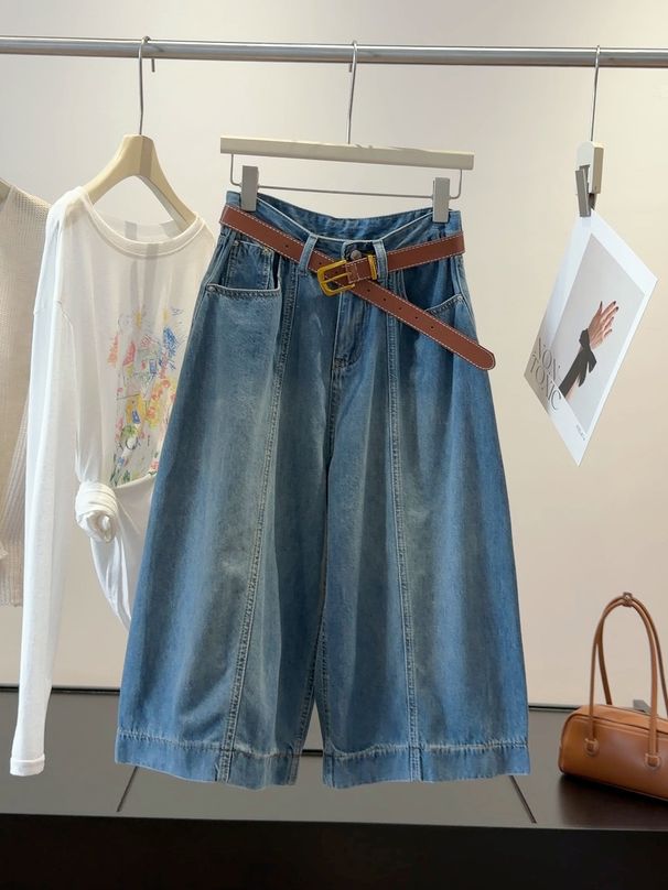 Women's American Retro Blue Denim Jeans High Waisted Slimming Loose Fit Wide Leg Cropped Pants Petite Summer Style Versatile_mkmklike.com