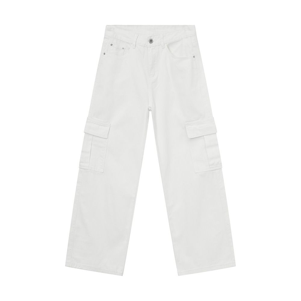 EF JEANS | 2024 New American Solid Color Big Pocket Overalls Off-White Casual Loose Straight Jeans_mkmklike.com