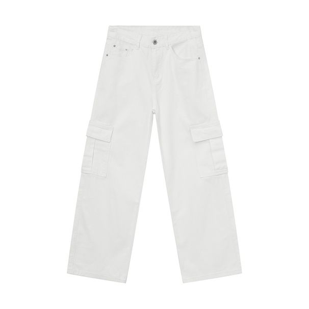 EF JEANS | 2024 New American Solid Color Big Pocket Overalls Off-White Casual Loose Straight Jeans_mkmklike.com