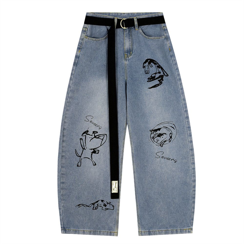 Cartoon Pattern Printed Scimitar Jeans Men's Loose Fit With Belt High Street Trendy Brand Ins Wide Leg Long Pants_mkmklike.com