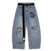 Cartoon Pattern Printed Scimitar Jeans Men's Loose Fit With Belt High Street Trendy Brand Ins Wide Leg Long Pants_mkmklike.com