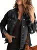 Women's Distressed Denim Jacket With Ripped Details, Light Blue Casual Oversized Denim Vest, Stretch Spandex Blend For Comfort_mkmklike.com