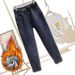 ELLE Fleece-Lined Harem Jeans For Women, Loose Straight Wide-Leg, New Autumn And Winter Warm High-Waisted Nine-Point Dad_mkmklike.com