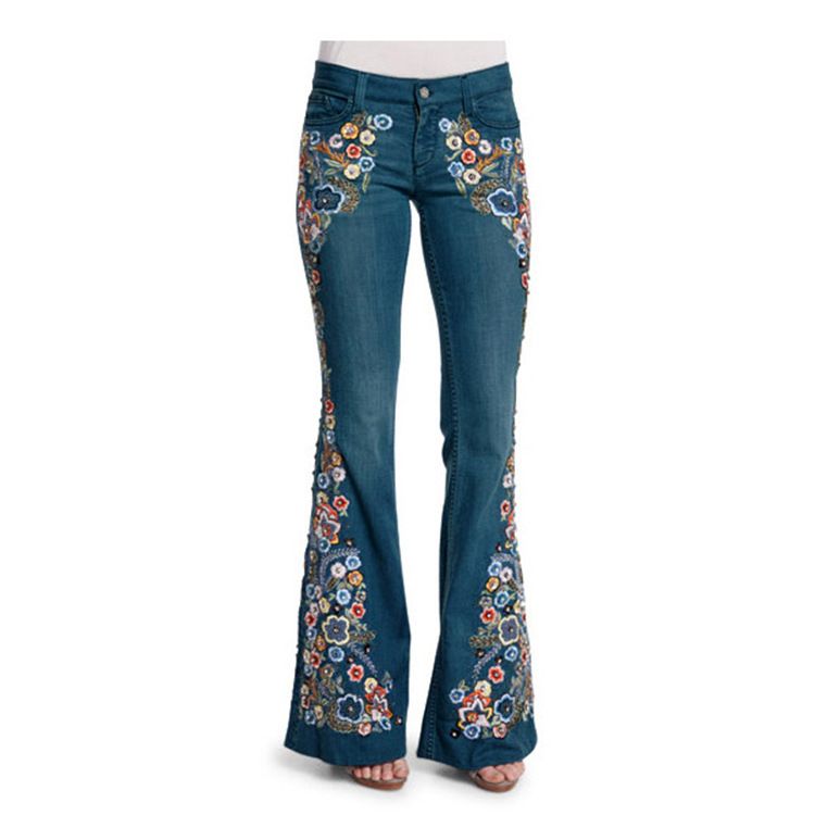 Plus Size Women Boho Embroidery Flower Demin Pants Sexy Boot Cut Jeans Heavymetal Trouser 2025 Europe Fashion Street Demin Pants_mkmklike.com