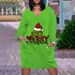 Women's Clothing Digital Christmas Green Geek Print Temperament Midi Pullover V neck Long Sleeve Dress_mkmklike.com