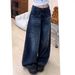 American Retro Patchwork Design Curved Hem Jeans For Women, High Street Straight Loose Slimming Wide-leg Versatile Long_mkmklike.com