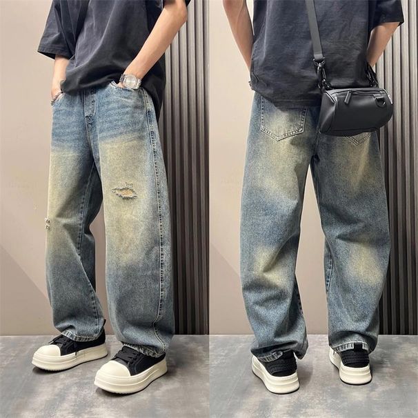 Men's Vintage Washed Distressed Denim Jeans – Relaxed Straight-Leg Baggy Pants With Ripped Details (Blue, M-Xxxl)_mkmklike.com
