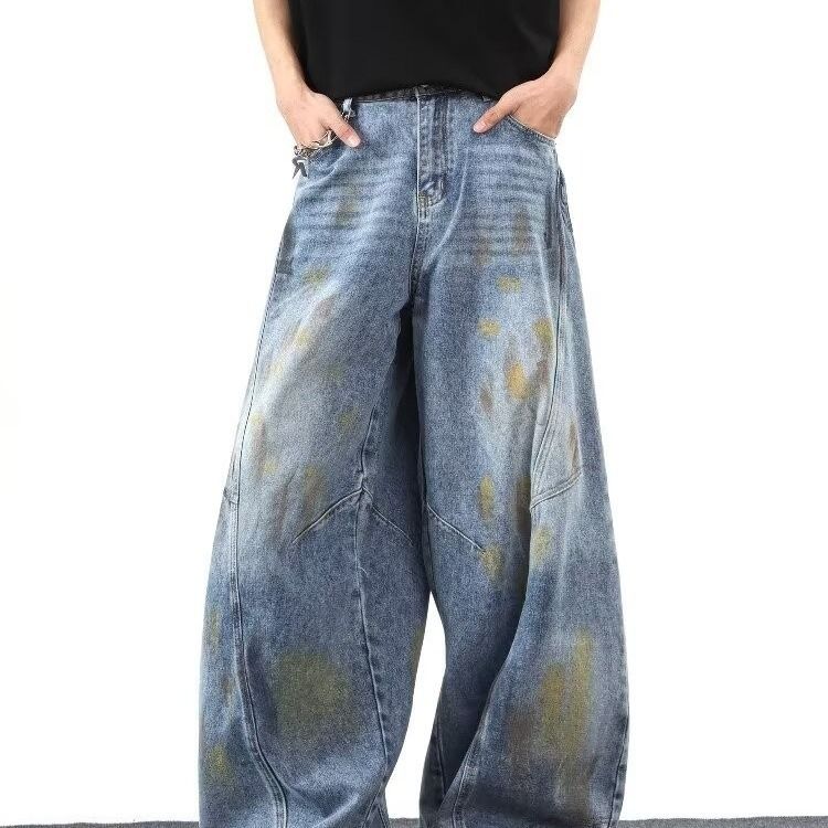 Men's Loose Wide Leg Trousers 2025 Summer American Retro Distressed Graffiti Design Curved Blade Jeans_mkmklike.com