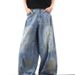Men's Loose Wide Leg Trousers 2025 Summer American Retro Distressed Graffiti Design Curved Blade Jeans_mkmklike.com