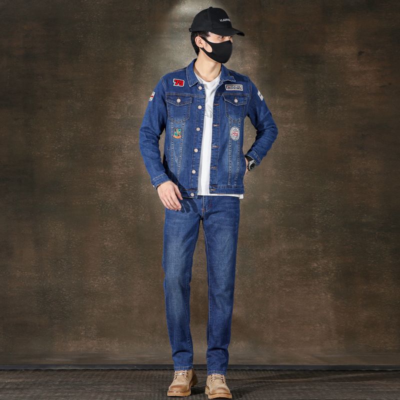 Men's Plus-Size Denim Jacket - Streetwear Blue Cotton Overshirt With Badge Details & Adjustable Fit (M-5XL)_mkmklike.com
