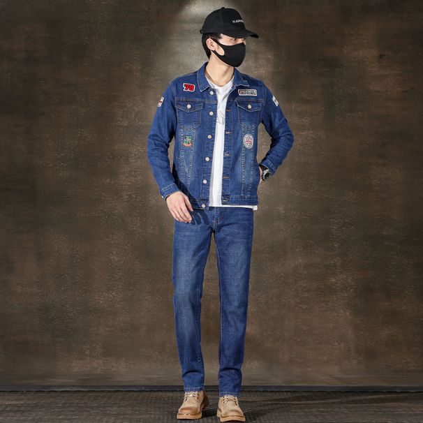 Men's Plus-Size Denim Jacket - Streetwear Blue Cotton Overshirt With Badge Details & Adjustable Fit (M-5XL)_mkmklike.com
