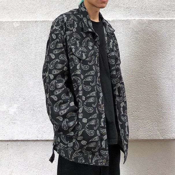 Loom INS Retro European American Hip-Hop Paisley Trendy Brand Full Print Loose Couple Denim Long Sleeve Jacket For Men And_mkmklike.com