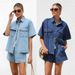 K Women's Casual Loose Pocket Short Sleeved Shirt Denim Two-piece Set_mkmklike.com