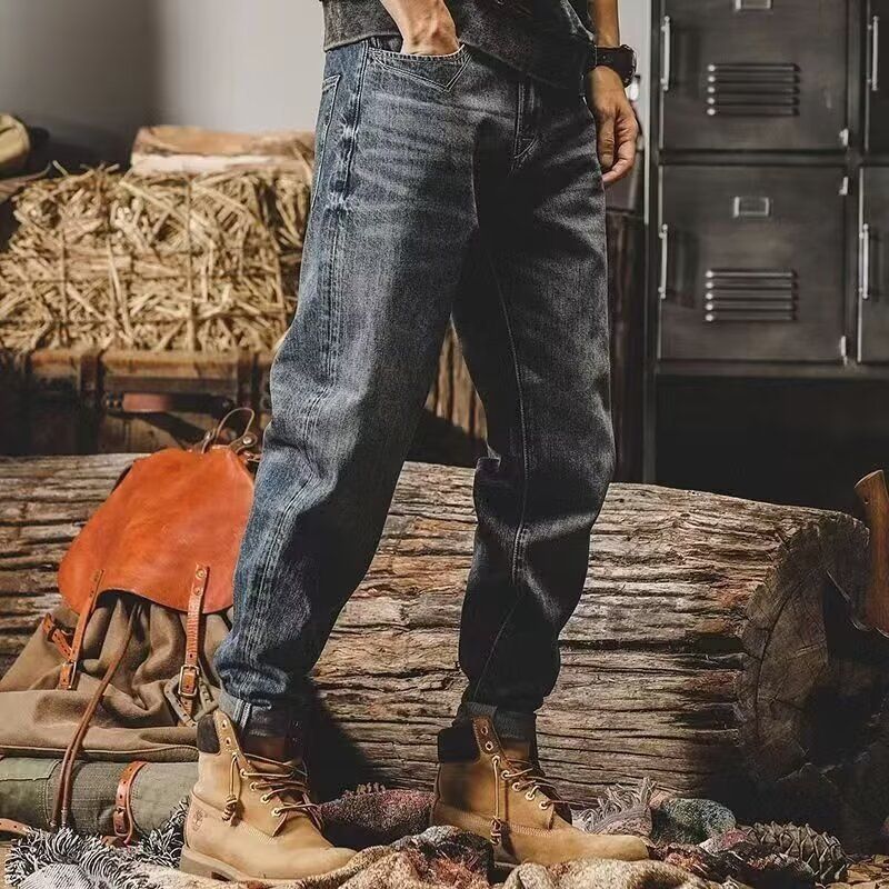 Men’s Heavyweight Button-Fly Jeans – Straight Fit Vintage Washed Denim, Mid-Rise Relaxed Taper (M-5XL, Classic Blue, Workwear Revival)_mkmklike.com