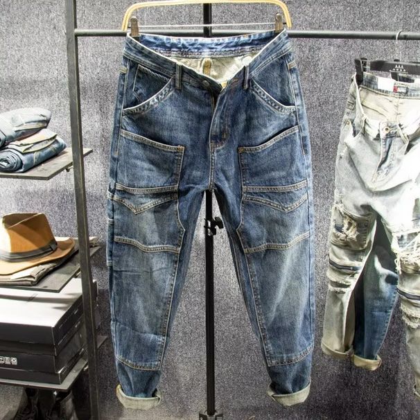 Men's Distressed Denim Jeans Japanese Streetwear Slim Tapered Fit Cargo Pockets Blue Urban Workwear Casual Skate Style 28-38_mkmklike.com