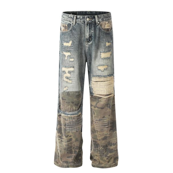 Men's Camo Patchwork Jeans - Distressed Wide Leg Pants With Exposed Stitching | Urban Grunge Collection_mkmklike.com