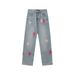Original Shibuya Limited Washed Loose Straight Colorful Embroidered Lightning Jeans For Men And Women_mkmklike.com