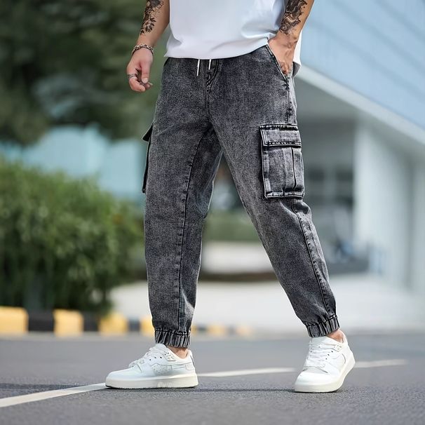 Pulse Style Multi-Pocket European And American Workwear Jeans Men's Wide-Leg Loose Plus Size Trendy Brand Cross-Mirror_mkmklike.com