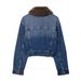 Faux Fur Denim Jacket For Women - Short Stylish Faux Leather Trim Coat With Notched Collar, Urban Casual Outerwear (XS/S/M/L, Blue)_mkmklike.com