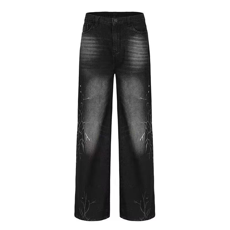 Men's Clothing High Street Retro Rhizome Print Wide Leg Jeans Washed And Distressed Loose And Versatile Straight Leg Floor Length Trousers Trend_mkmklike.com