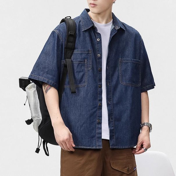 Men's Clothing Retro Solid Color Lapel Buttoned Short Sleeved Denim Shirt Neutral Washed Distressed Five Point Sleeve Loose Shirt_mkmklike.com