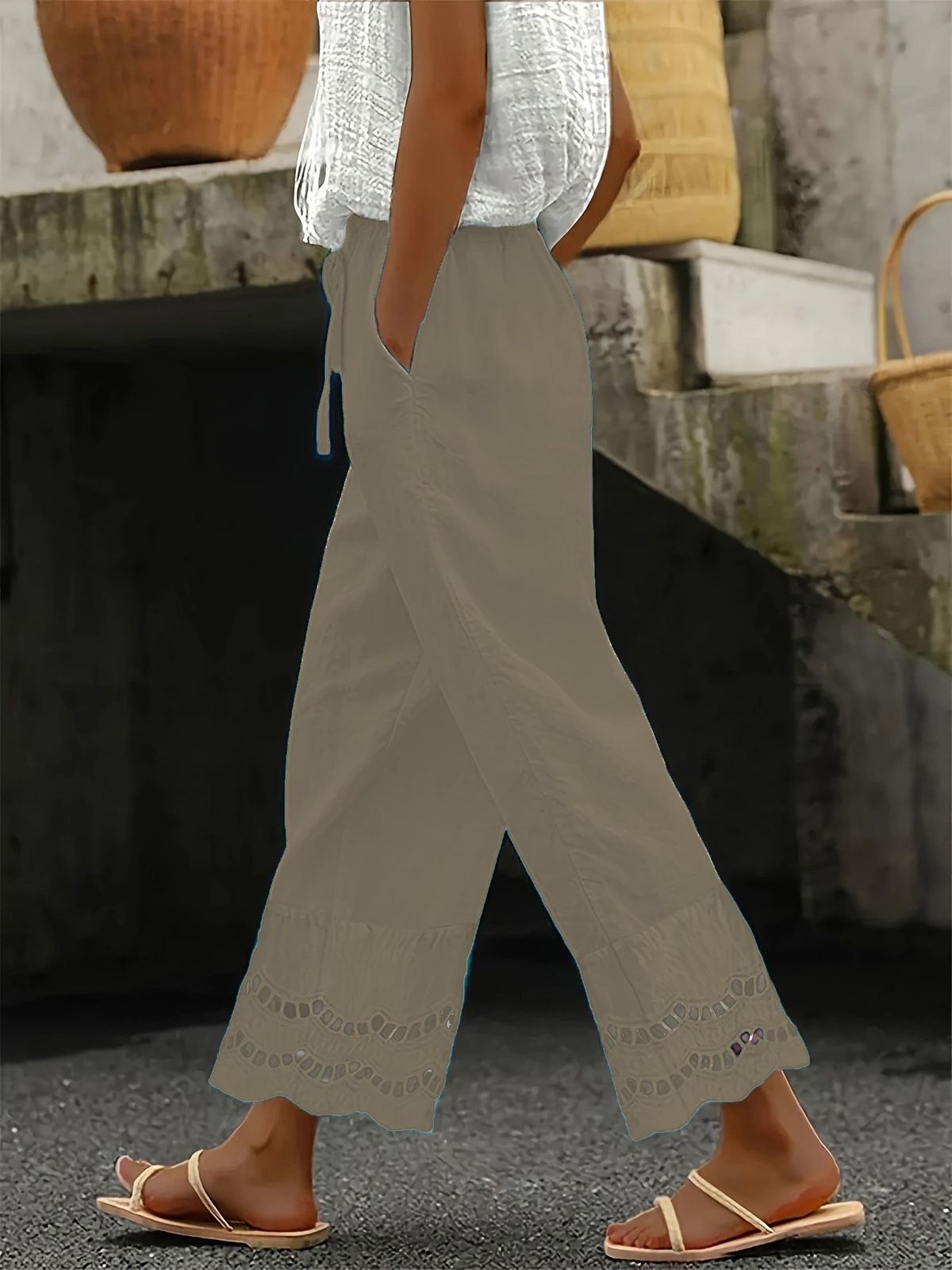 Women's Clothing Casual Elastic Waist Legs Lace Nine point Pants_mkmklike.com