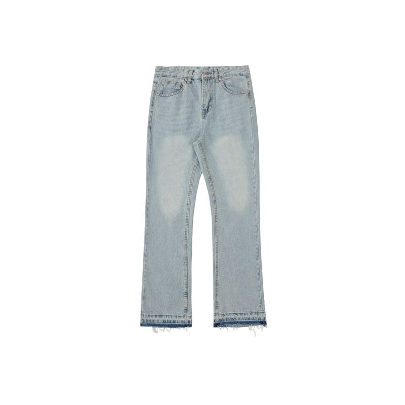 Men's Clothing Blue Hem Tassel Jeans High Street Washed Retro Flared Cleanfit Pants_mkmklike.com