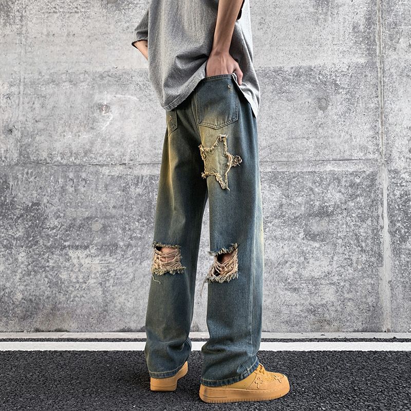 Nordmann Men's Ripped Jeans American High Street Retro Casual Spring Autumn Loose Straight Vibe Style Design Pants_mkmklike.com