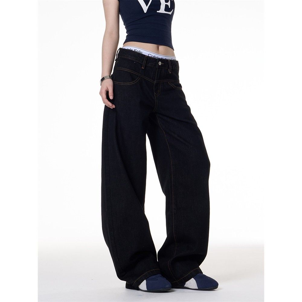 Dark Blue Wide Leg Curved Jeans Retro Style For Men And Women Loose Fit Slimming Versatile Straight Leg Trousers Hot Girl Look_mkmklike.com