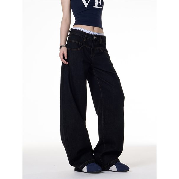 Dark Blue Wide Leg Curved Jeans Retro Style For Men And Women Loose Fit Slimming Versatile Straight Leg Trousers Hot Girl Look_mkmklike.com