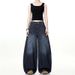 Dark Blue Washed Casual Versatile Distressed Straight-leg Jeans For Women, Trendy Brand, Loose Fit, Plus Size, Wide-leg,_mkmklike.com