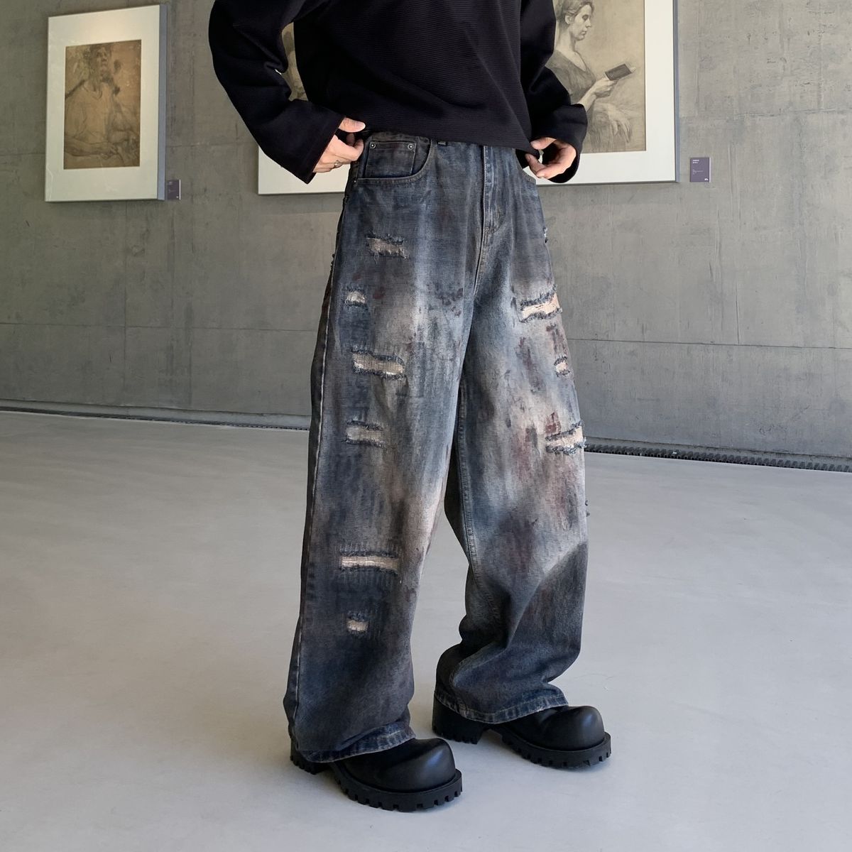 Distressed Spray Paint High Street Jeans For Men & Women – Loose Fit Wide Leg Straight Denim Pants With Vintage Wash_mkmklike.com