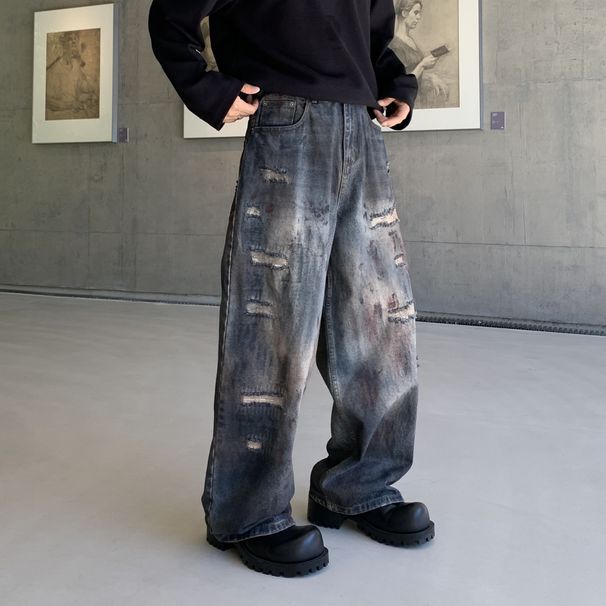 Distressed Spray Paint High Street Jeans For Men & Women – Loose Fit Wide Leg Straight Denim Pants With Vintage Wash_mkmklike.com