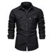 European Casual Solid Color Men's Denim Long Sleeved Shirt_mkmklike.com