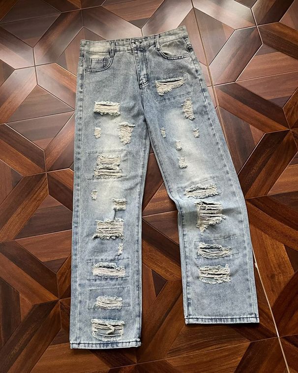 Men's Retro Ripped Straight Leg Jeans Loose Fit Versatile Wide Leg Distressed Pants American High Street Style Cool And Stylish Long Trousers_mkmklike.com
