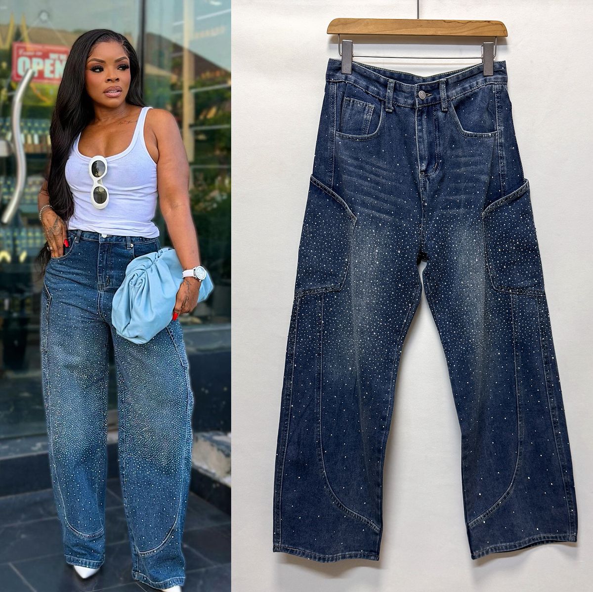 High Waisted Casual Curved Blade Jeans for Women Sparkly Hot Stamped Rhinestone Heavy Duty Loose Fitting European American Style Trousers_mkmklike.com