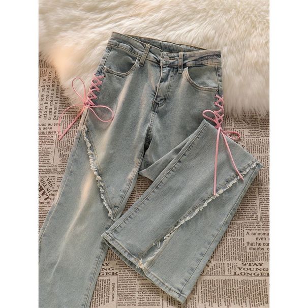 Petite Flared Jeans For Women With Laces Slimming Design Frayed Edges Flattering High Waist Jeans For Summer_mkmklike.com