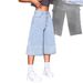 Light Blue Washed Cropped Denim Shorts for Women High Waisted Wide Leg Pants European American Style Rhinestone Embellished_mkmklike.com