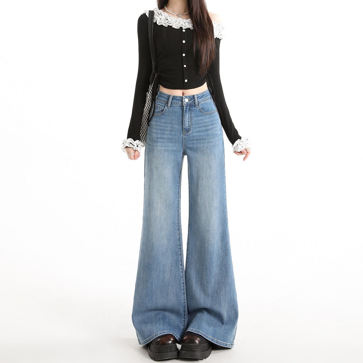 Women's Non-tight Flared Jeans, 2026 Spring New Style, High-waisted, Slimming, Wide-leg, For Petite Individuals,_mkmklike.com