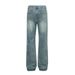 Men's Vintage Washed Blue Straight Leg Jeans - High Street Retro Denim Pants With Distressed Details_mkmklike.com
