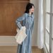 ELLE Blue Retro Hong Kong Style Denim For Women, New Autumn Collection, Super Beautiful Waist-Cinching Youthful Shirt Long_mkmklike.com