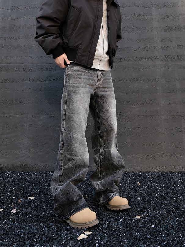 Men's Retro Wide Leg Loose Fit Straight Jeans - Black, Comfort Cotton Denim For Casual Street Style_mkmklike.com