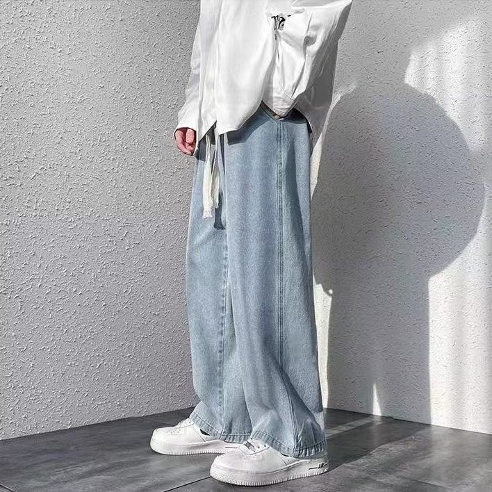 Men's High Street Loose Fit Jeans – Vintage Washed Denim Pants With Straight Leg & Adjustable Drawstring (S-5XL, Grey/Blue)_mkmklike.com