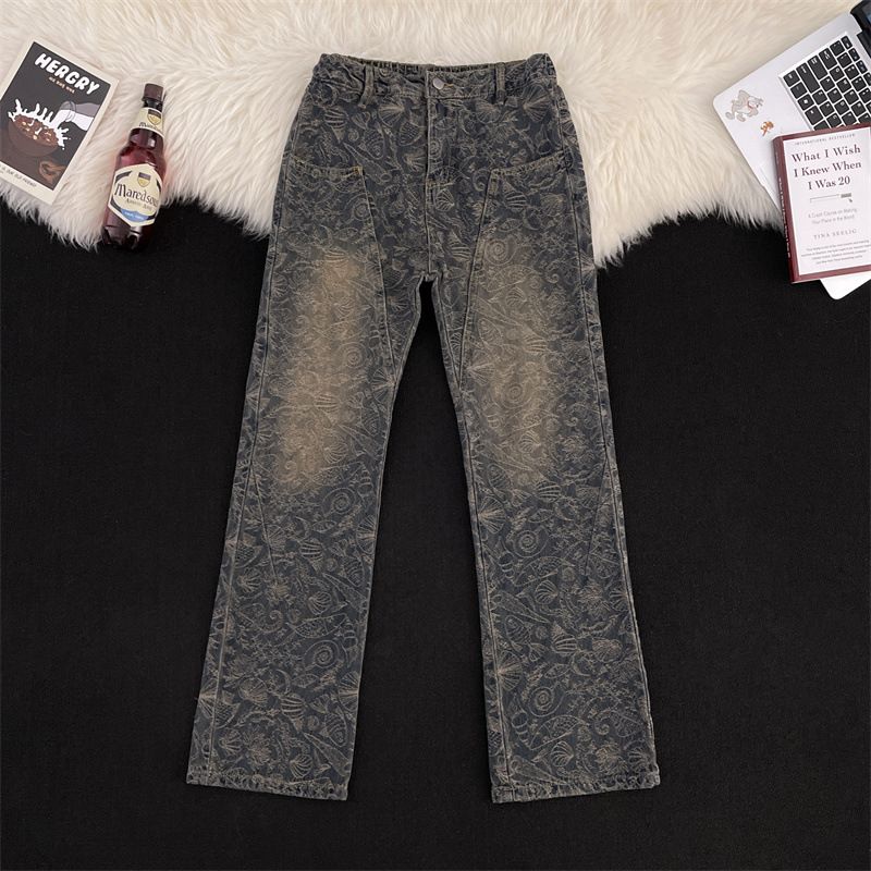 Vintage Washed Blue Jacquard Print Men's Jeans - American Vibe Straight Relaxed Fit With Slight Flare & Deconstructed Hem_mkmklike.com
