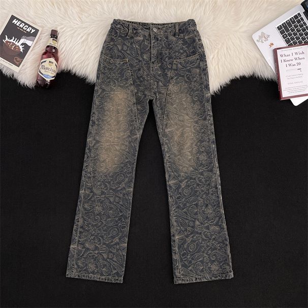 Vintage Washed Blue Jacquard Print Men's Jeans - American Vibe Straight Relaxed Fit With Slight Flare & Deconstructed Hem_mkmklike.com
