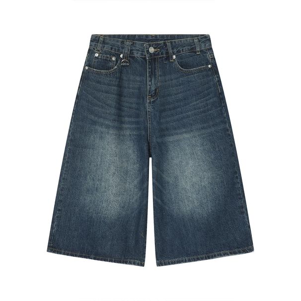 Men's Clothing Niche All Match Men's And Women's Denim Shorts Summer Loose Straight Wide Leg Retro Distressed Blue Cropped Trousers_mkmklike.com