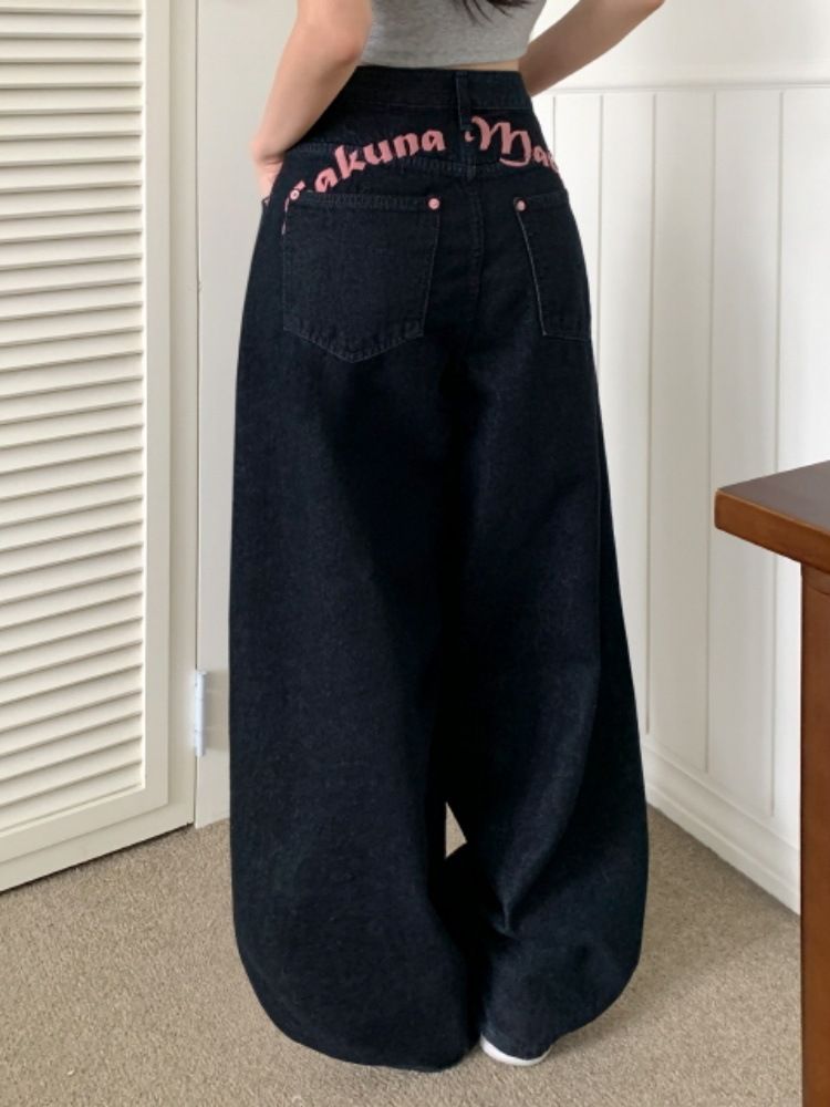 Korean Style Women's Loose Wide Leg Jeans – Pink Letter Embroidery & Retro Wash (S-L)_mkmklike.com